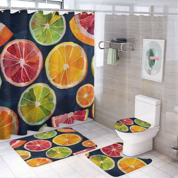 4 Piece Bathroom Shower Curtain Sets Colorful Orange Fruit Slices with Rugs Toilet Lid Cover And Bath Mat Watercolor Lemon Slice Bathroom Decor Sets for Bathroom Decor Set 72inch X 72inch
