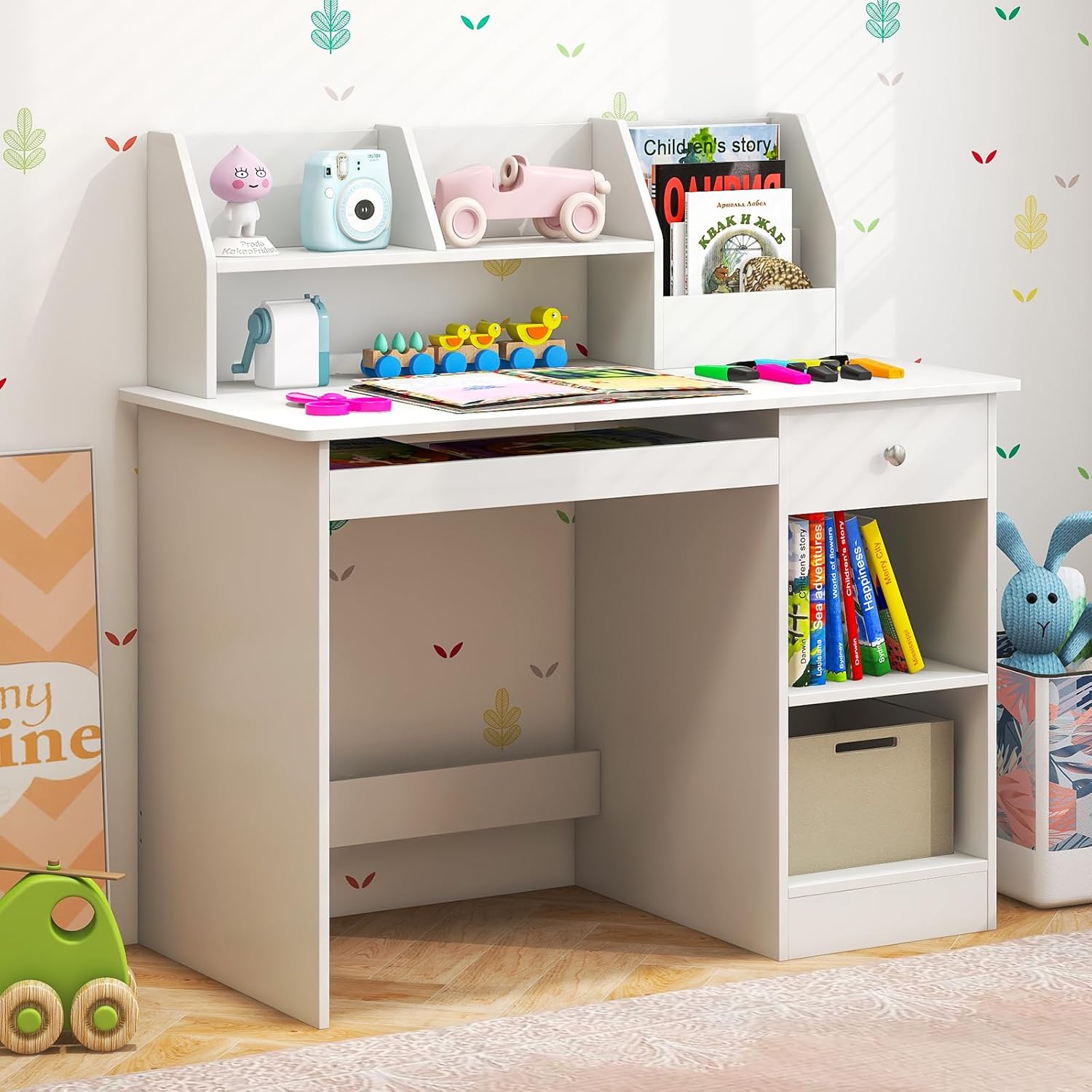 Kids Study Desk, Children Wooden Writing Table with Hutch, Bookshelf, Drawer, Keyboard Tray, Storage Shelves, White Student Computer Desk Workstation for Home School Use, Gift for Boys Girls
