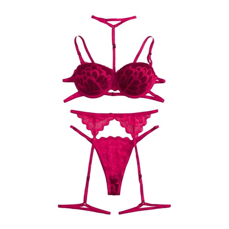 Pink Medium New Fashion Lace Up Self Adhesive Bra Set Lingerie Underwear Sleepwear Steel Lace Push Up Bra Set Ring Pajamas Garter