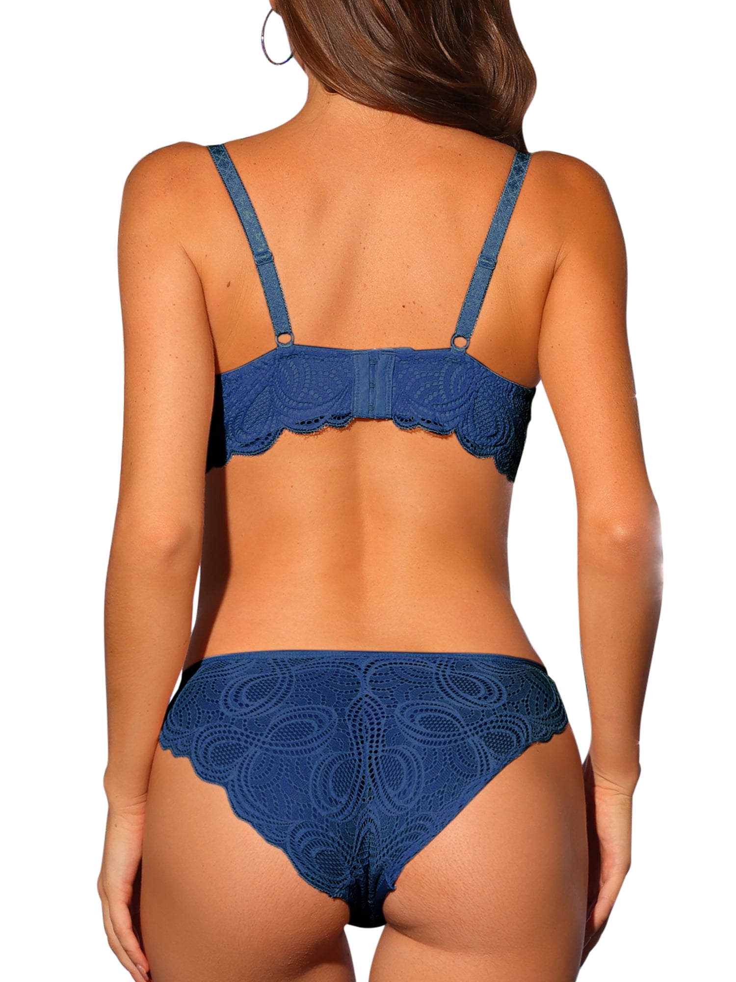 Unique Bargains Women's Lace Bra and Panty Set Wireless Bralette Lingerie Sets 40 D Blue