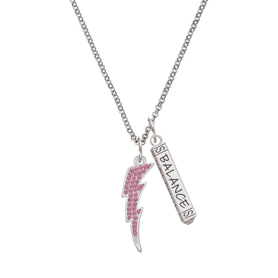 Delight Jewelry Silvertone Large Hot Pink Crystal Lightning Bolt Silvertone Balance Bar Charm Necklace, 23"