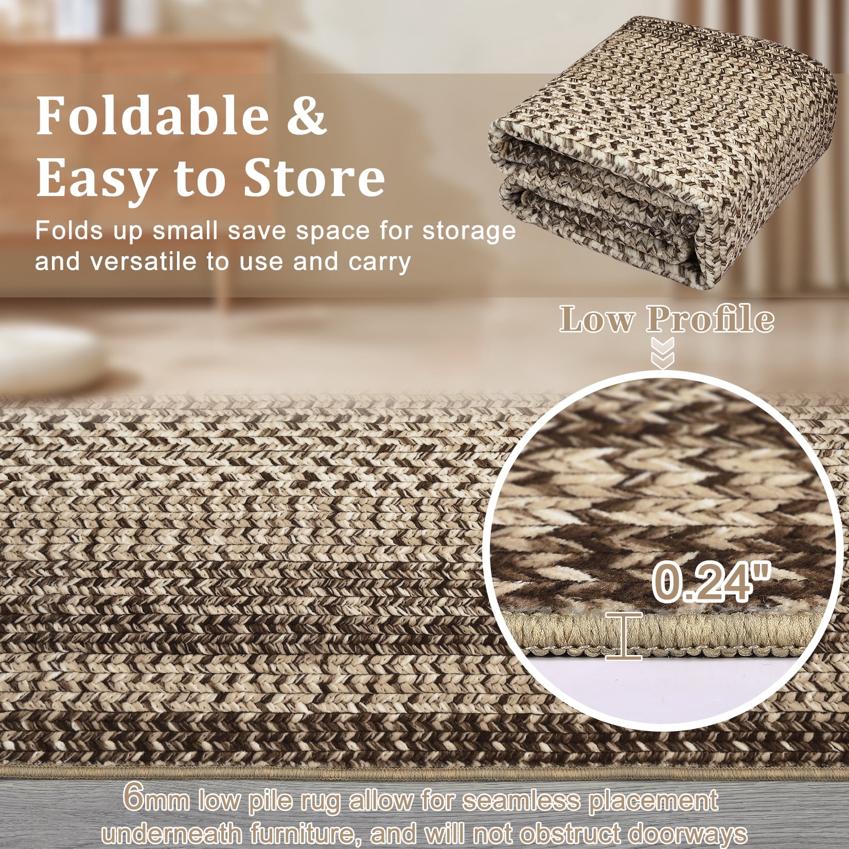 Garvee 9'x12' Printed Braided Rugs Farmhouse Bordered Carpet, Machine Washable Indoor Area Rug Non-Slip Low Pile Rugs for Living Room Bedroom Home Decor, Natural
