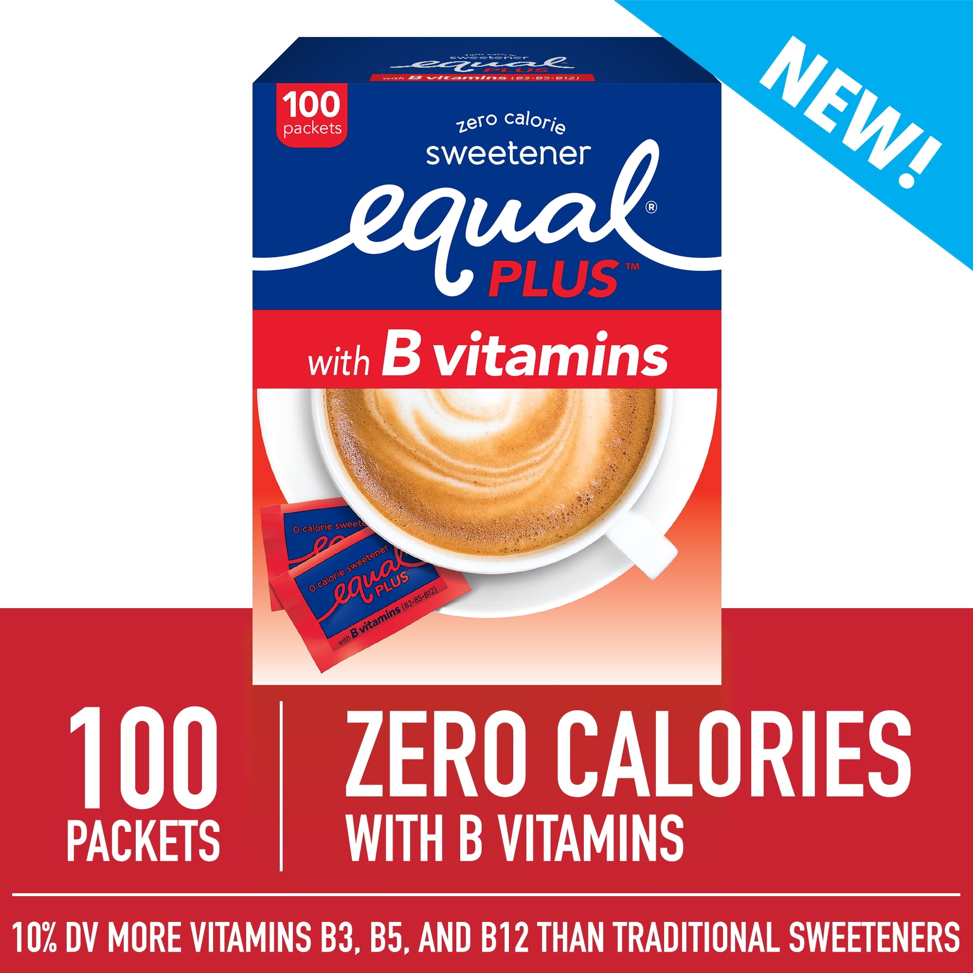 Equal PLUS with Fortified B Vitamins Zero Calorie Sweeter, 100 Packets