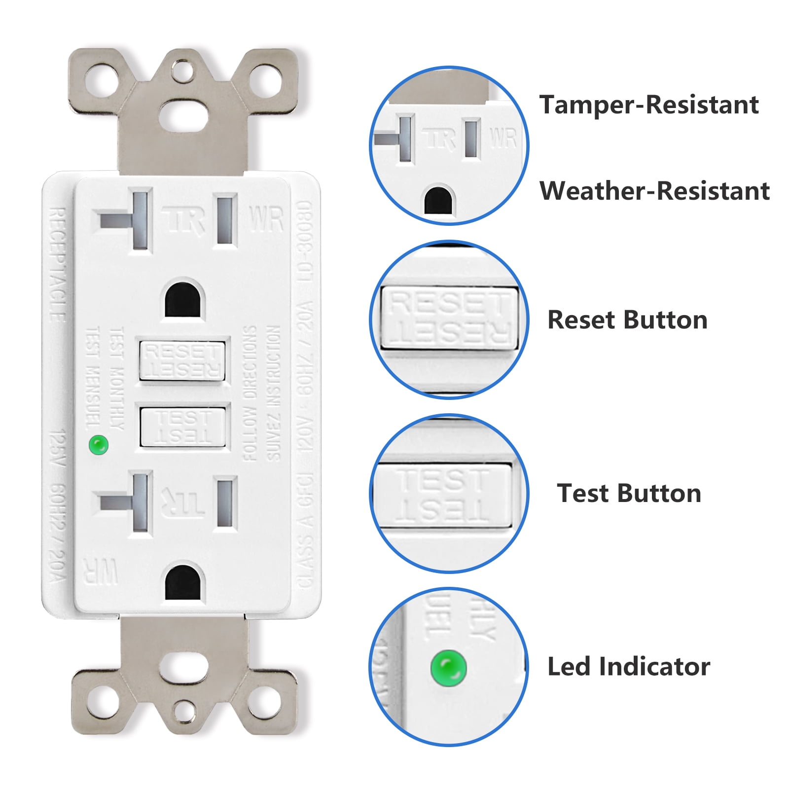 GREENCYCLE 4 PK 20A / 125V Tamper Resistant GFCI Outlet Decor Receptacle with LED Indicator Decorative Wall Plates Screws Included Residential and Commercial Grade ETL Certified White