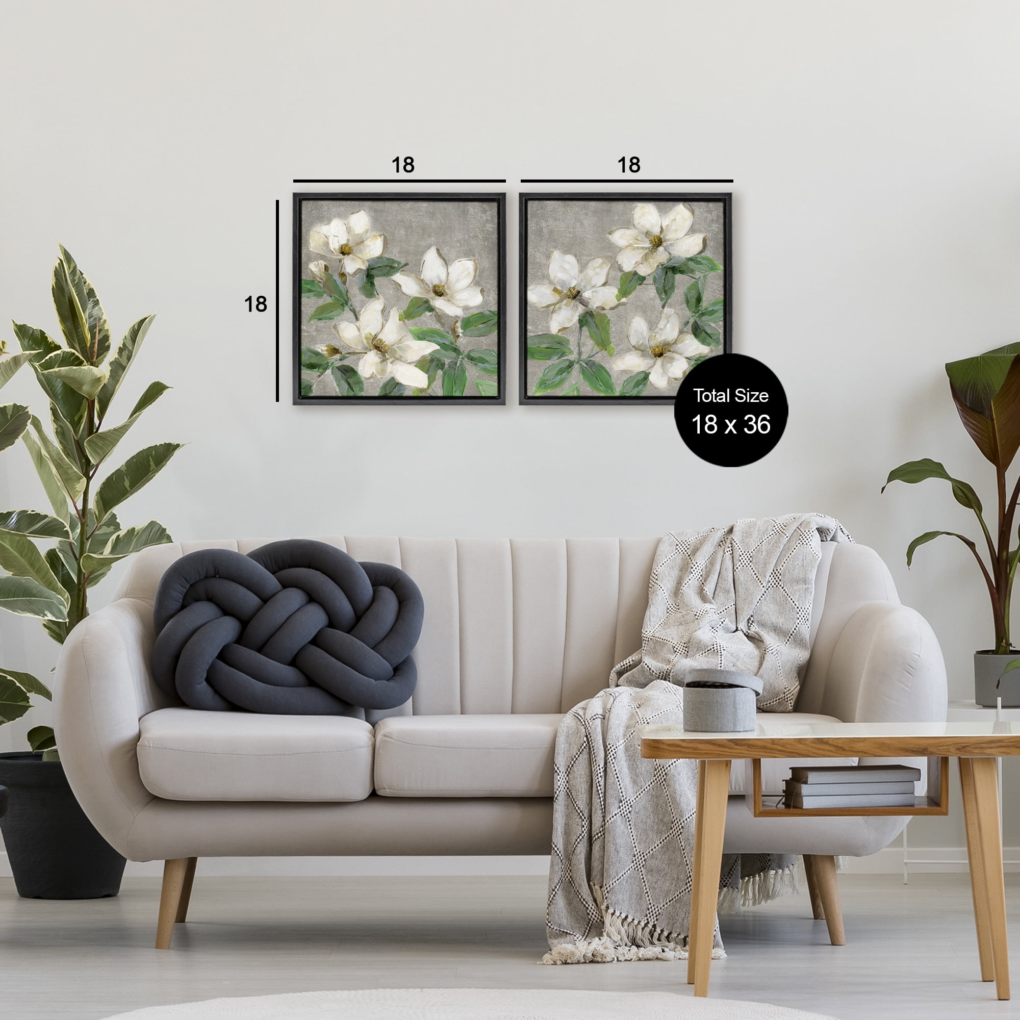 Stupell Industries Blooming Ivory Magnolias 2 Piece Black Framed Floater Canvas Set, design by Sally Swatland