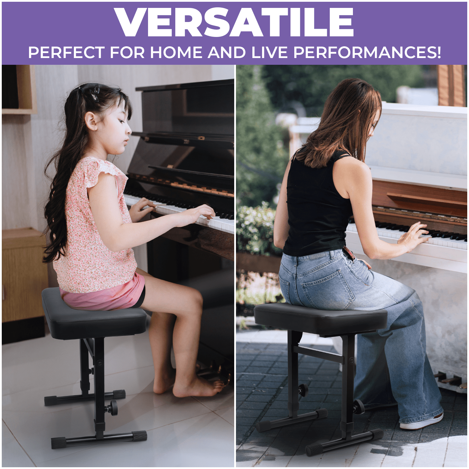 Restored Liquid Stands Piano Bench Adjustable Stool – Music Keyboard Bench Seat for Piano Keyboard Stand with Black Padded Cushion for Musicians Piano Stool Chair (PU Leather) (Refurbished)