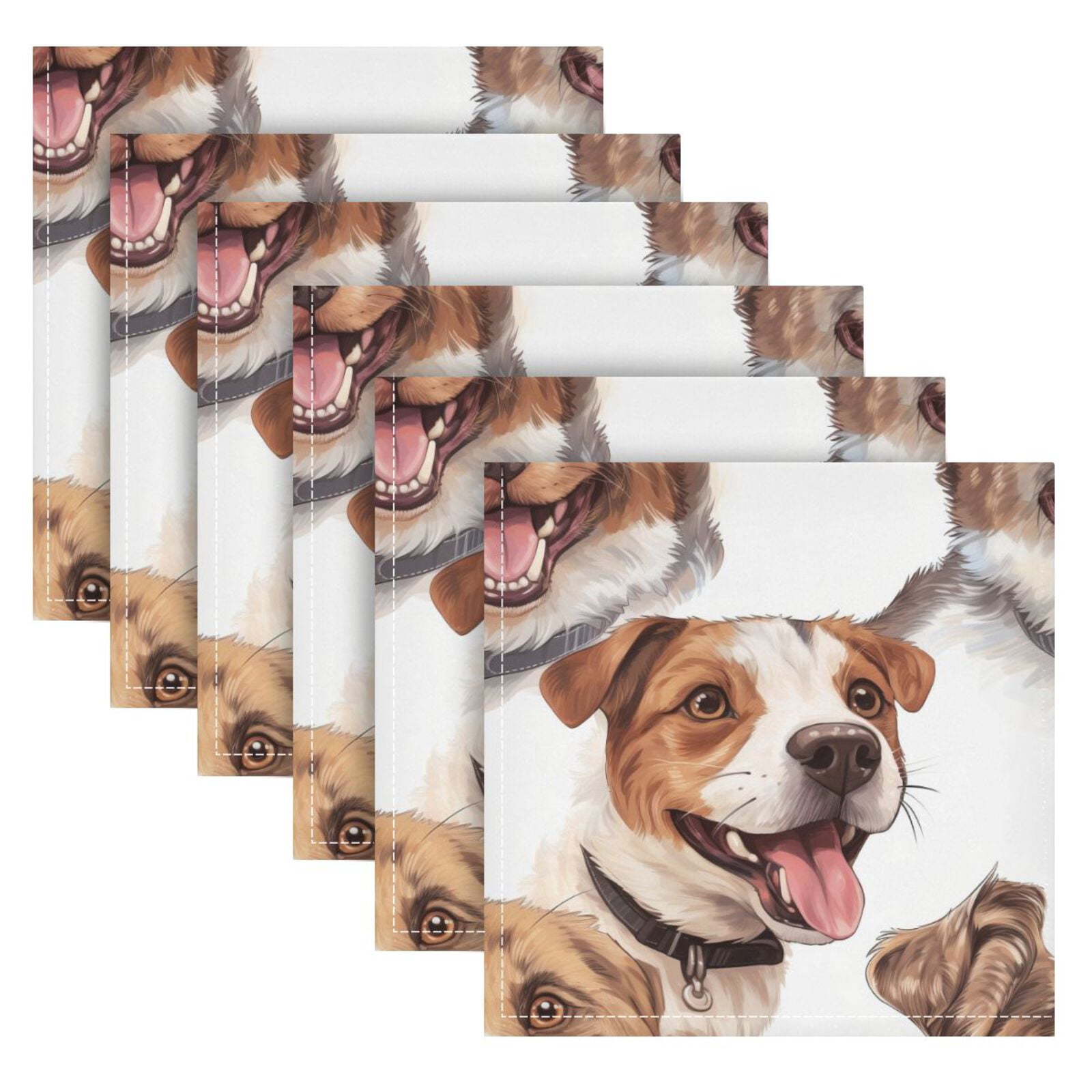 JSTEL Dog Print Hand Drawn Cloth Napkins Set of 6, 20x20 Inch Washable and Reusable Napkin for Decoupage Dinner Party Everyday Use