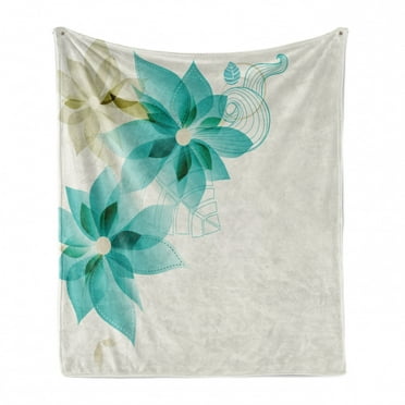 Teal Soft Flannel Fleece Throw Blanket, Vintage Inspired Floral Design with Abstract Vibrant Colored Natural Elements, Cozy Plush for Indoor and Outdoor Use, 50" x 60", Turquoise Beige, by Ambesonne