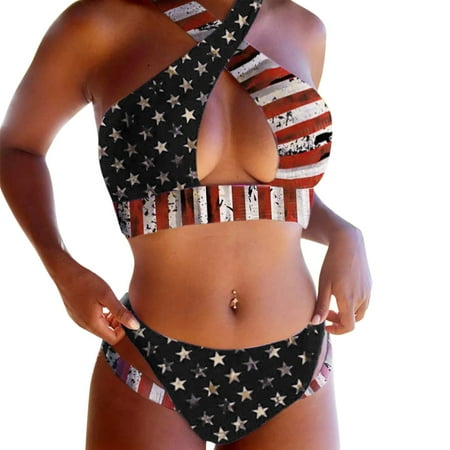2 Piece Swimsuit for Women Flag Print Bikini Set Push Up Padded Bra Forward Crossing Black Bathing Suit for Women XXL