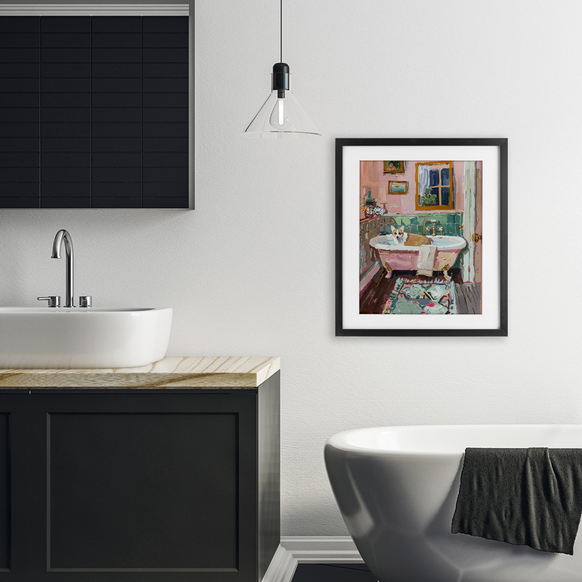 Stupell Industries Corgi in Pastel Tub Black Framed Print Under Glass, design by The Prints Vibe