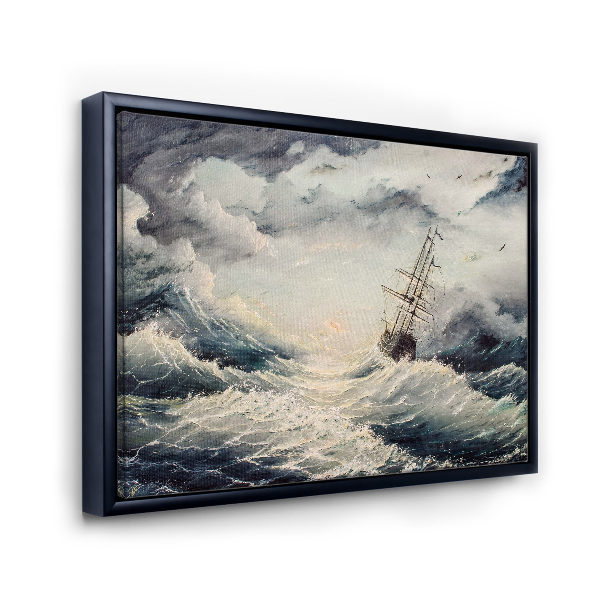Designart 'Ship Struggles With The Sea Storm' Nautical & Coastal Framed Canvas Wall Art Print