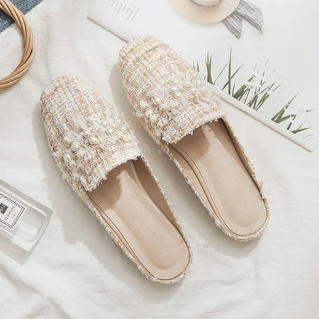 

43 Large Size Lazy Pearl Baotou Half Slippers Women‘s Outer Wear Fashionable Casual Bow Sandals for Women