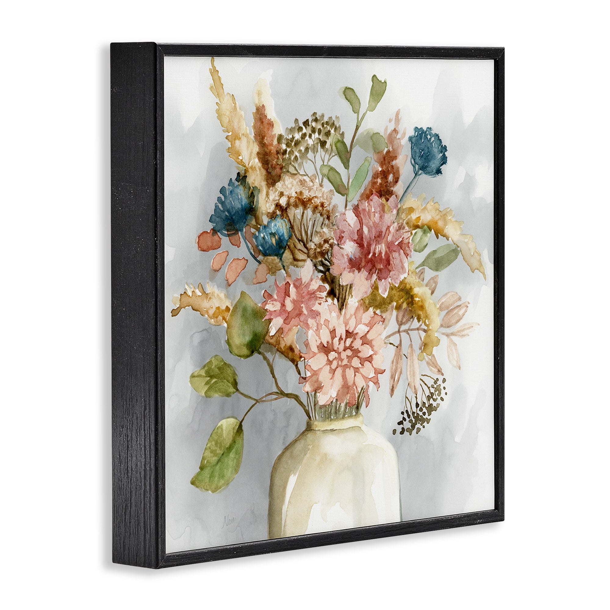 Stupell Industries Wildflower Watercolor Bouquet Country Vase Floral Painting Black Framed Art Print Wall Art, 12x12, by Nan