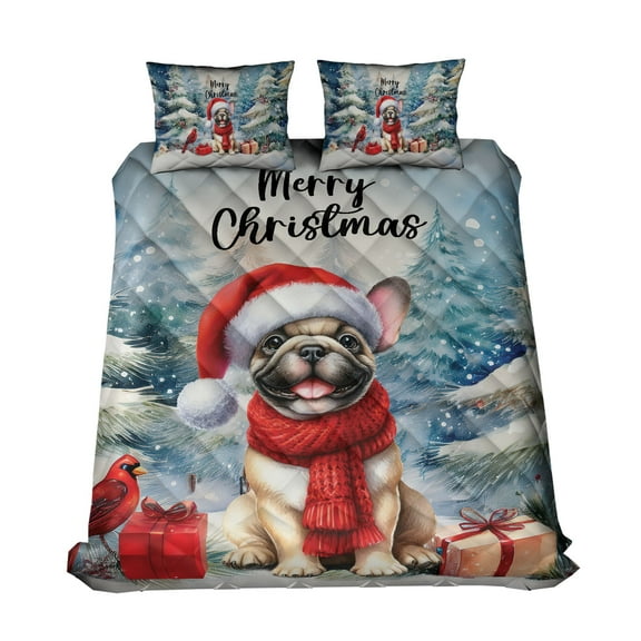 Merry Christmas French Bulldog Enjoys Woofmas Winter Xmas Holiday Quilt Bedding Set Dog Lover Gifts 1 Blanket Bed Cover 2 Pillowcases - 02022