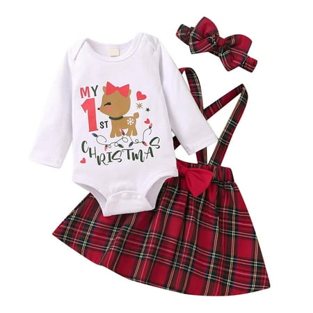 

Simple Cute Outfits Baby Girl Toddler Kids Girls Chiristmas Letters Deer Prints Flare Long Sleeves Romper Suspender Plaid Skirt Hairband Outfit Set Cloths Baby Girl Outfit Twins