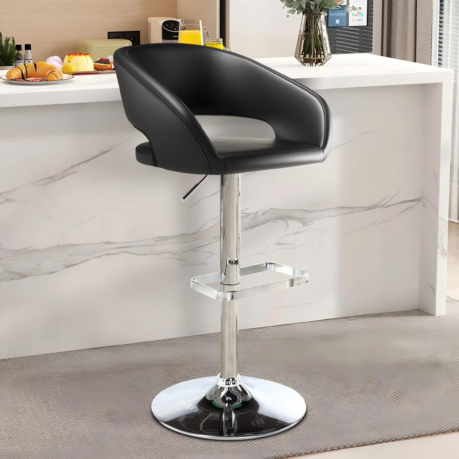 Adjustable Bar Stools, 360-Degree Swivel Barstools with Open Back and Arms, PU Leather Counter Height Island Chairs with Square Footrest for Pub Kitchen Dining Room, Black
