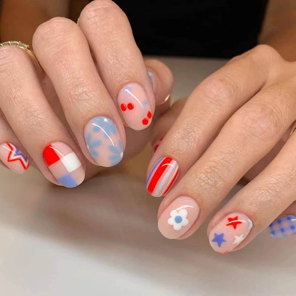 Star Press On Nails Short Almond Fake Nails Acrylic Ballet Exquisite Colorful Star Flower Cherry Blue Plaid Stripes Design Adhesive Tape On Nails Design Nails For Women And Girls 24 Pcs