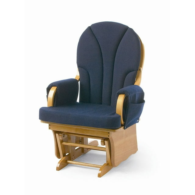 Foundations Lullaby Wood Base Glider Nursery Rocking Chair, Padded Armrests & Storage Pockets, Natural/Blue