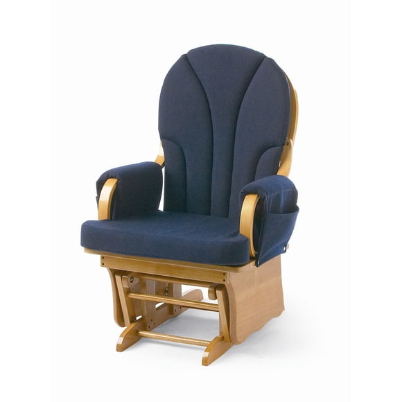Foundations Lullaby Wood Base Glider Nursery Rocking Chair, Padded Armrests & Storage Pockets, Natural/Blue