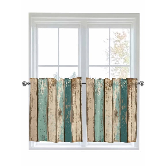 Half Window Curtain 36 Inches Long, Farmhouse Teal Brown Window Treatment Curtain Drapes, Vintage Retro Ombre Wooden Small Tier Curtains for Bathroom Over Sink, 27.5"x36", 2 Panels