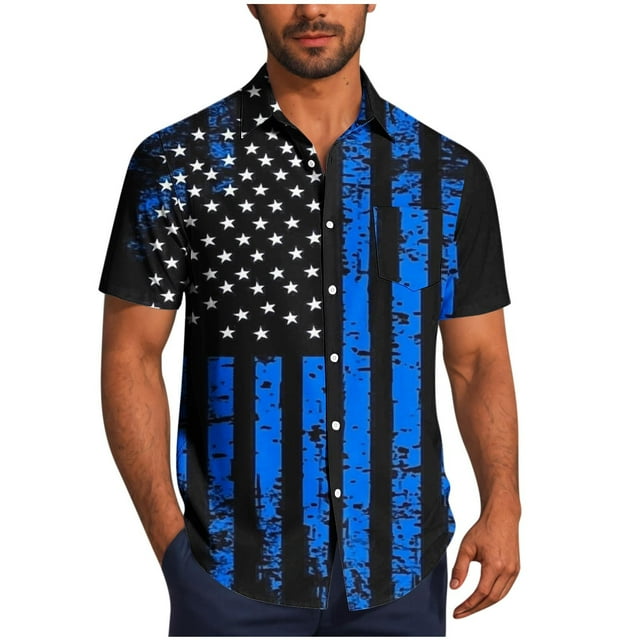 Mens Casual Manga Corta Botón Abajo Camisas, Cuello de Vuelta Impresión Del Día de la Independencia para el Verano, Al Aire Libre Y Casual