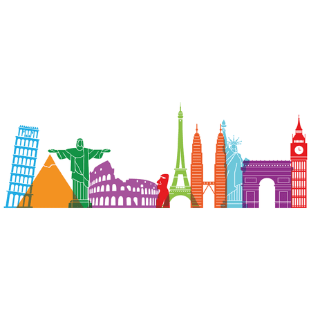 Vinyl Historical Landmarks Home Living Room 20" x 55" Wall Decoration Multicolored Landscape Art Design Colorful Famous Statues And Buildings Removable Wall Decal Sticker