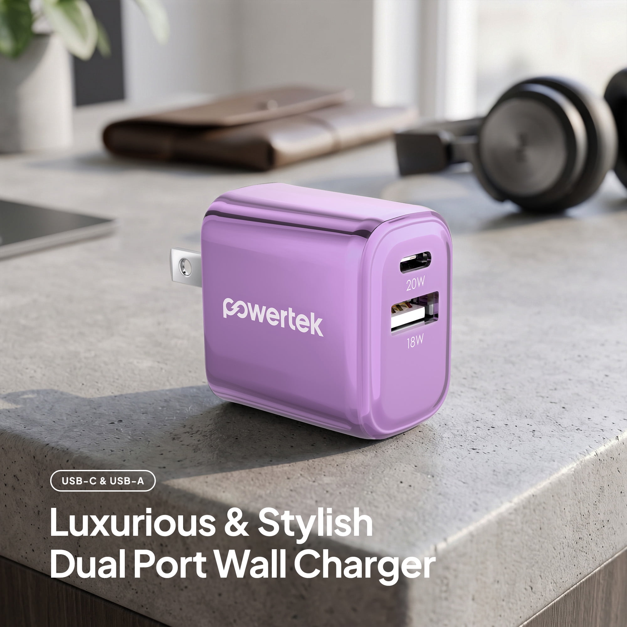 Powertek Luxe 20W USB-C + 18W USB-A Fast Charging Dual Port Block, Purple, Compatible with iPhone, Android, Tablets & USB Devices, Compact Travel Adapter