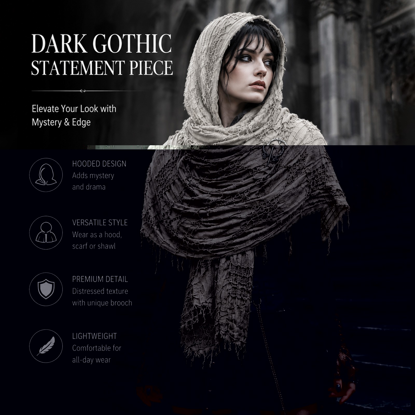 thumbnail image 5 of Gray Medieval Scarf Cowl Halloween Shawl Cotton And Linen Multifunctional Scarf Shawl Cape Halloween Costume Accessories One Size, 5 of 9