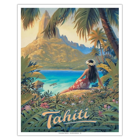 Tahiti - Isle of Paradise - Society Islands - Vintage Travel Poster by Kerne Erickson - Fine Art Matte Paper Print (Unframed) 16x20in