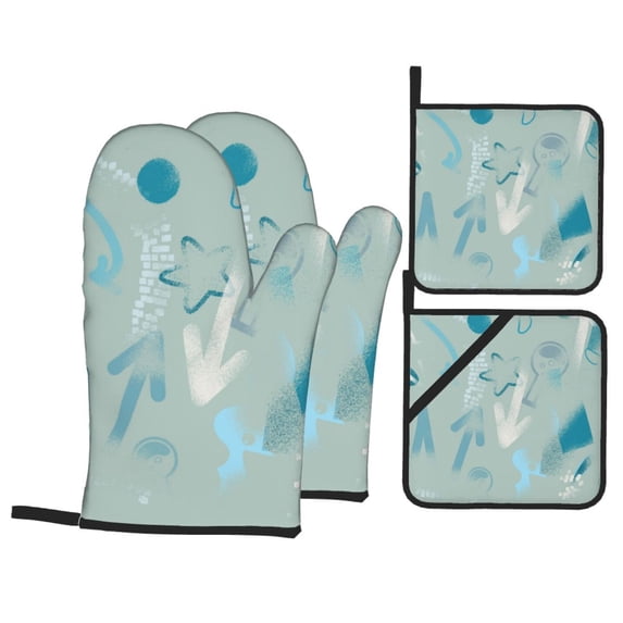 YFYANG Oven Mitts and Pot Holders Sets 4 Pieces, Non-Slip Heat Resistant Blue Star Geometric Art Kitchen Glove Pot Mat for Cooking and Baking