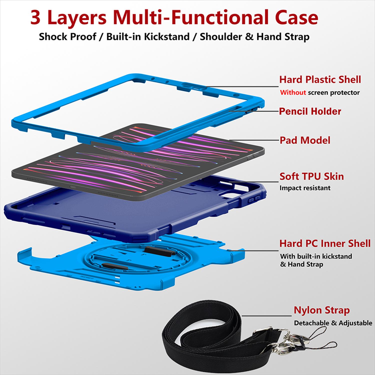 Shockproof Case for Apple iPad Pro 11 Inch 2024 M4, with Pencil Holder Military Grade Protection Rotating Stand Hand Strap Shoulder Strap Bumper Rugged Case for iPad Pro 11" 2024, Blue