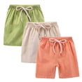 thumbnail image 2 of Ruyang Kids 3 Pack Cotton Linen Shorts Boys Girls Loose Fit Elastic Waist Shorts Summer Solid Running Training Fitness Shorts, 2 of 4