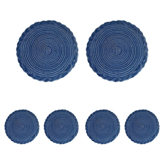 Round Woven Placemats Set of 6 Braided Border Table Mats Washable Dinning Place Mats Kitchen Home Heat Insulated Cup Mats Party Decoration Tablemats Blue
