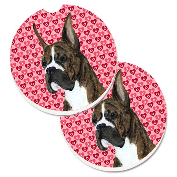 Boxer Hearts Love & Valentines Day Portrait Set of 2 Cup Holder Car Coaster