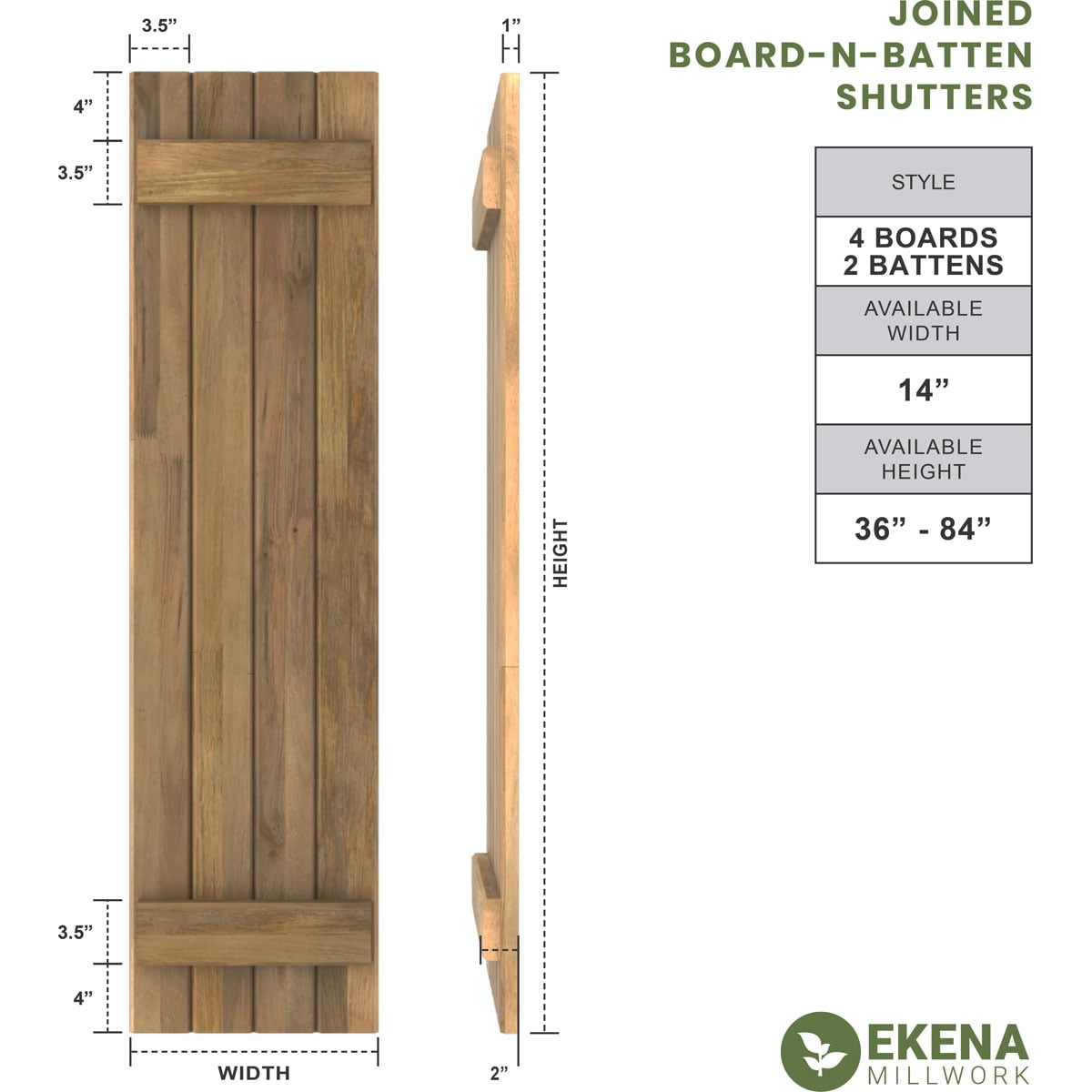 Ekena Millwork 14"W x 68"H Americraft Four Board (2 Batten) Exterior Real Wood Joined Board-n-Batten Shutters (Per Pair), Unfinished