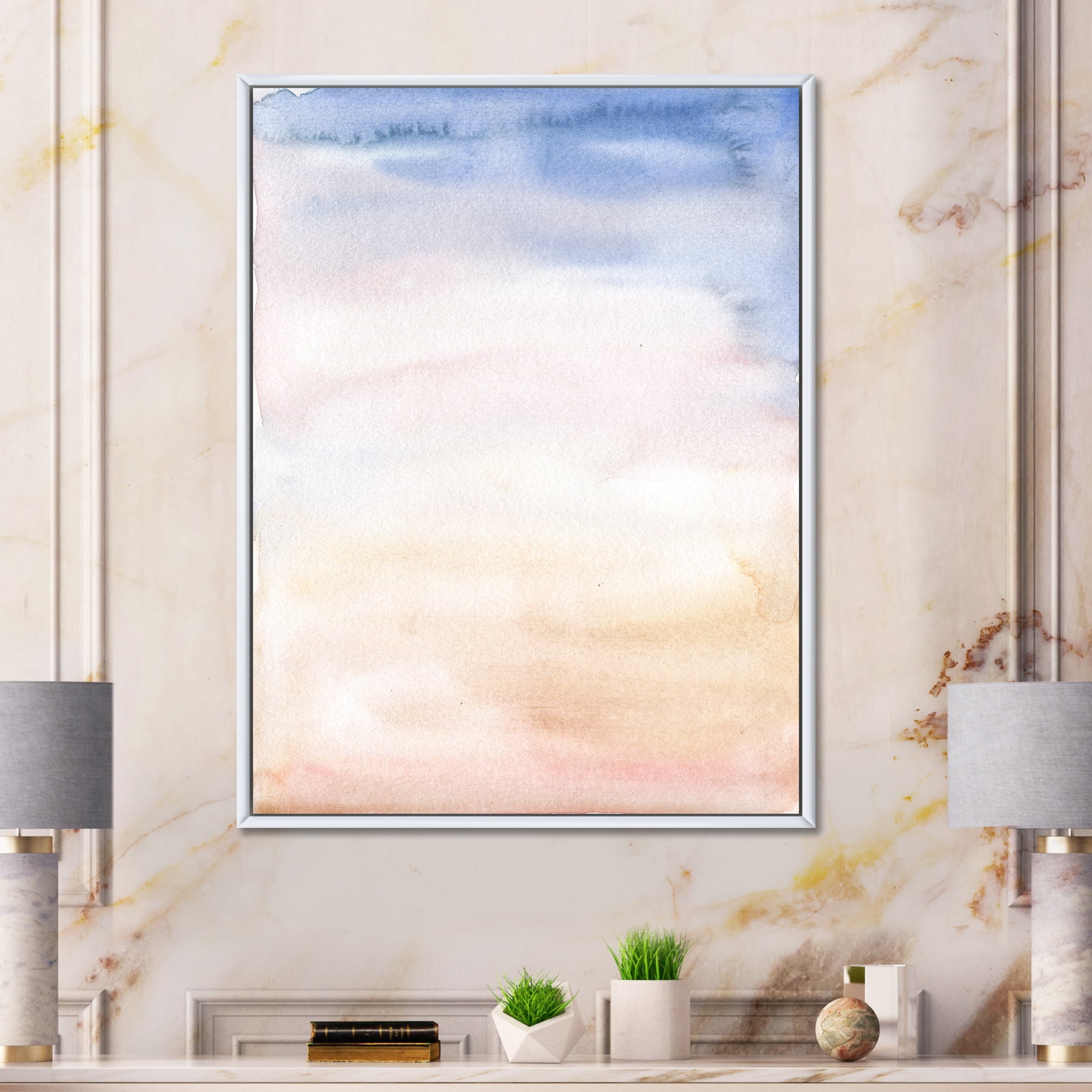 Pastel Abstract With Pink Dark Blue and Beige Spots 30 in x 40 in Framed Painting Canvas Art Print, by Designart