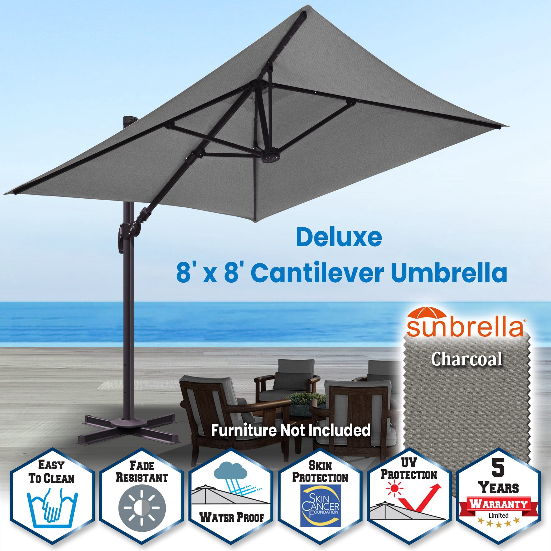 SUNNYOUTDOOR 8'x8' Sunbrella Cover Umbrella Deluxe Cantilever Umbrella Outdoor Garden Patio Umbrella (harcoal)