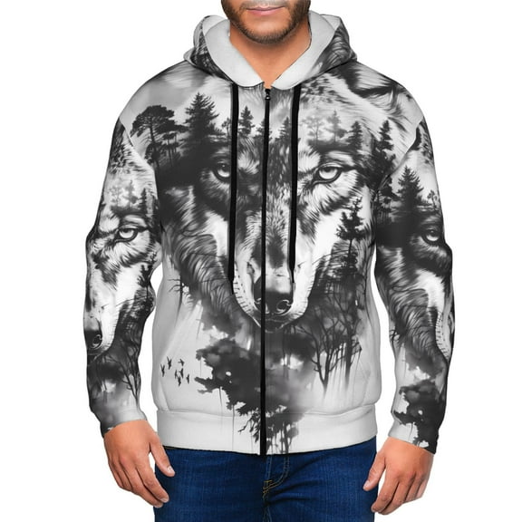 Honeii Majestic Wolf Landscape Print Hoodies for Men, Pullover & Full Zip, Breathable Zip up Hoodie, Sweatshirt-Small