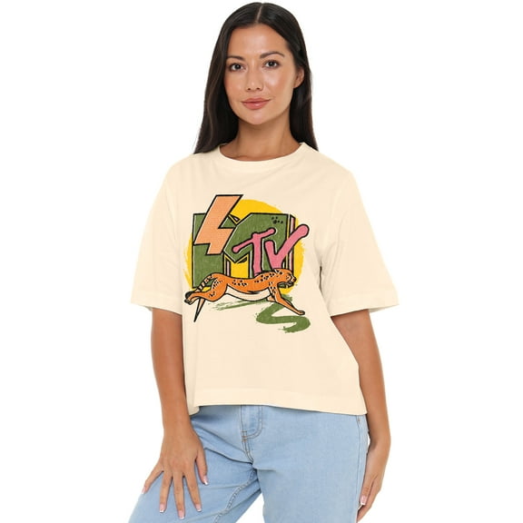 MTV Lightning Cat Women's Boxy Cropped T-Shirt Casual Graphic Tee