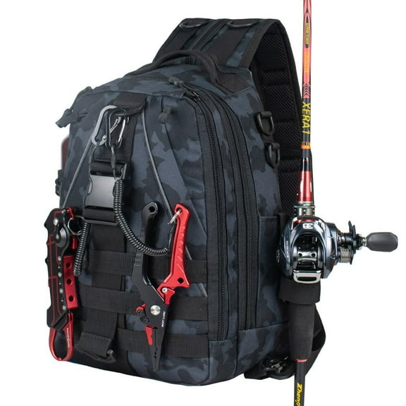 Tactical Fishing Sling Backpack – Camo Multi-Purpose Pack with Rod Holder for Lure Fishing, Hiking & Outdoor Adventures