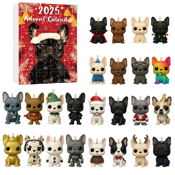 BESTSKY dog advent calendar 2025,Christmas Countdown with French Bulldog 24 Dog Breeds Reusable Ornaments, christmas advent calendars