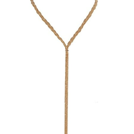 Long Lariat - Multistrand Braided Lariat Statement Necklace - Slim Chain Beaded Waterfall Bib Long Y-Chain, Gold-Tone Lariat, Yellow Goldtone