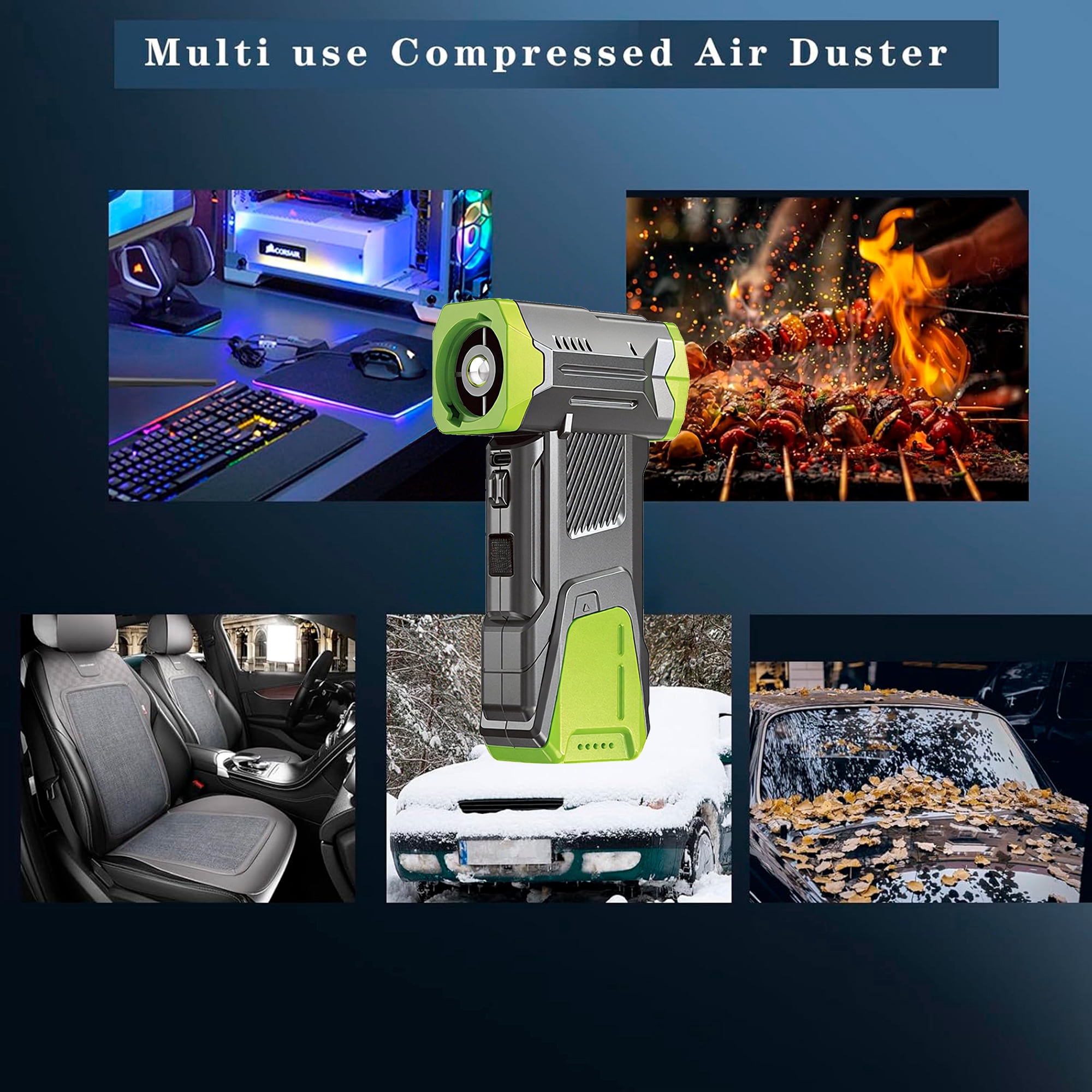 Asoricing Compressed Air Duster with Flashlight, 130,000RPM Powerful Electric Air Duster Blower Rechargeable with Brushless Motor, 4-Gear Adjustable Mini Air Blower Cordless, Green