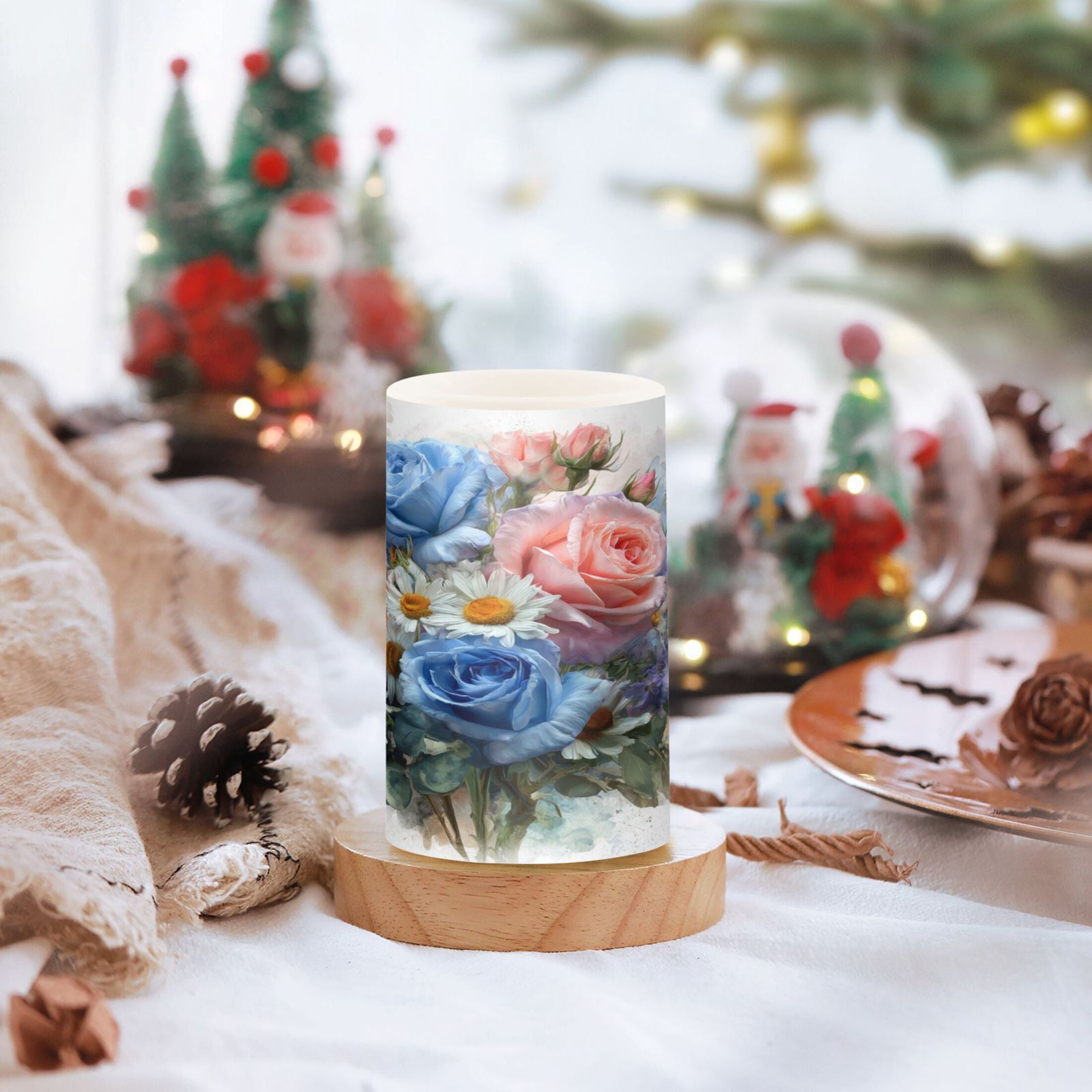 Set of 2 Flameless Candles Lights with Remote Control Flickering LED Candles Electric Candles for Home Decor Parties Blue-pink Roses and Daisies