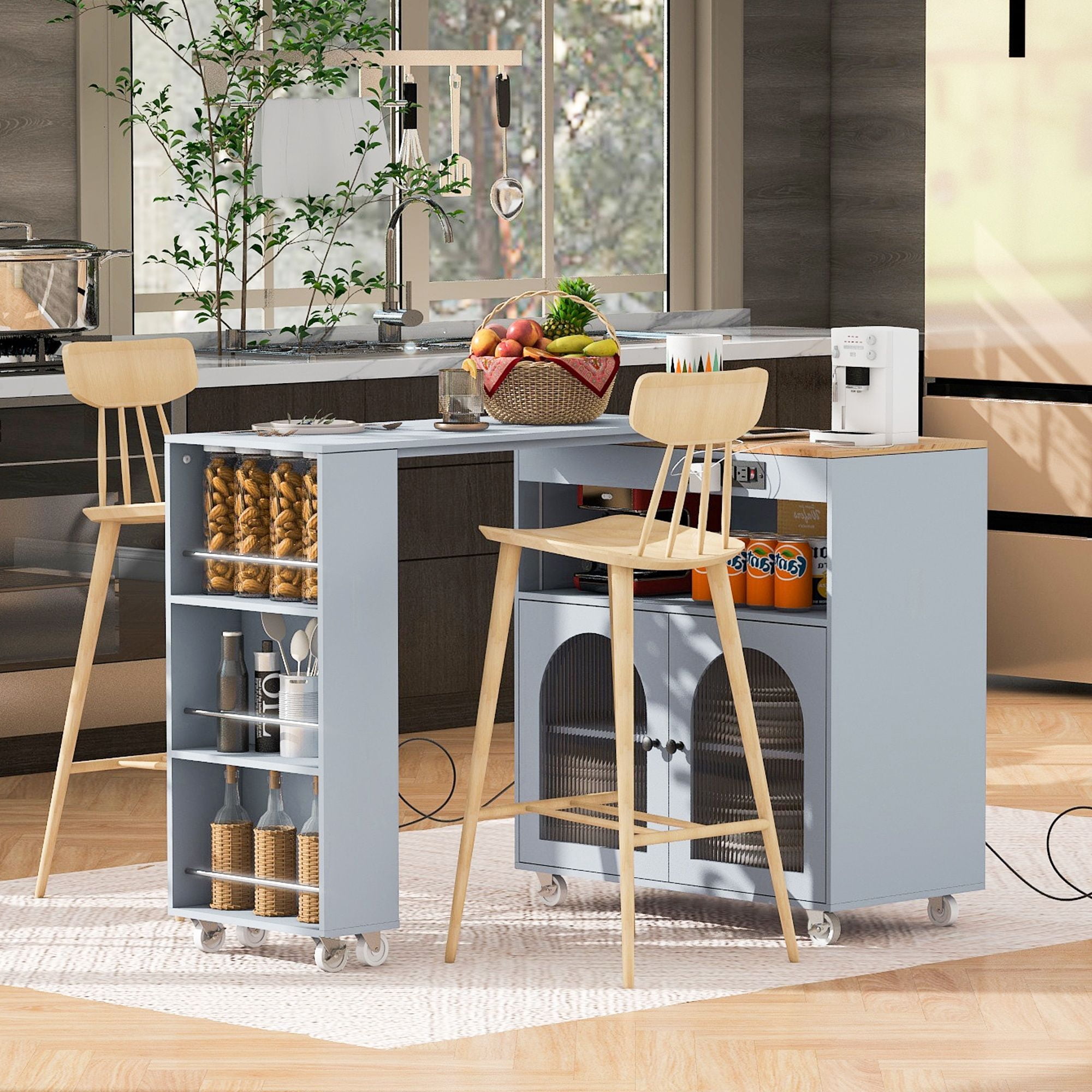 Alvantor 73.5" Rolling Kitchen Island with Extendable Table, LED Lights, Power Outlets, Grey-Blue