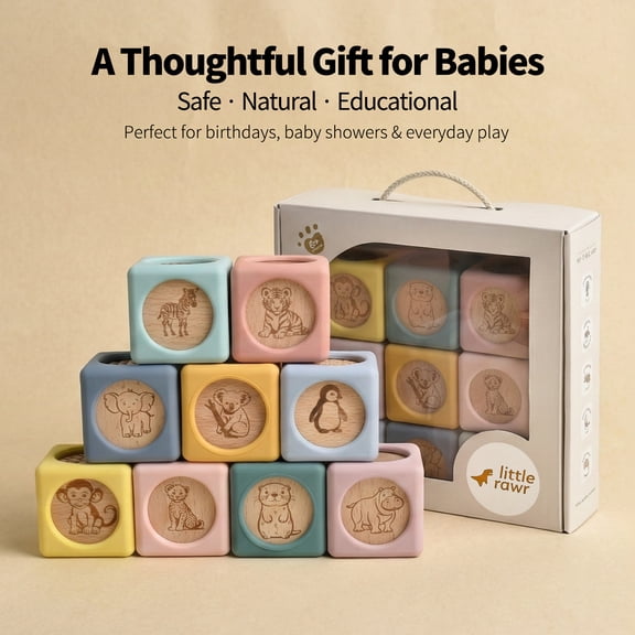 Silicone Wood Toy Blocks for Ages 6 Months