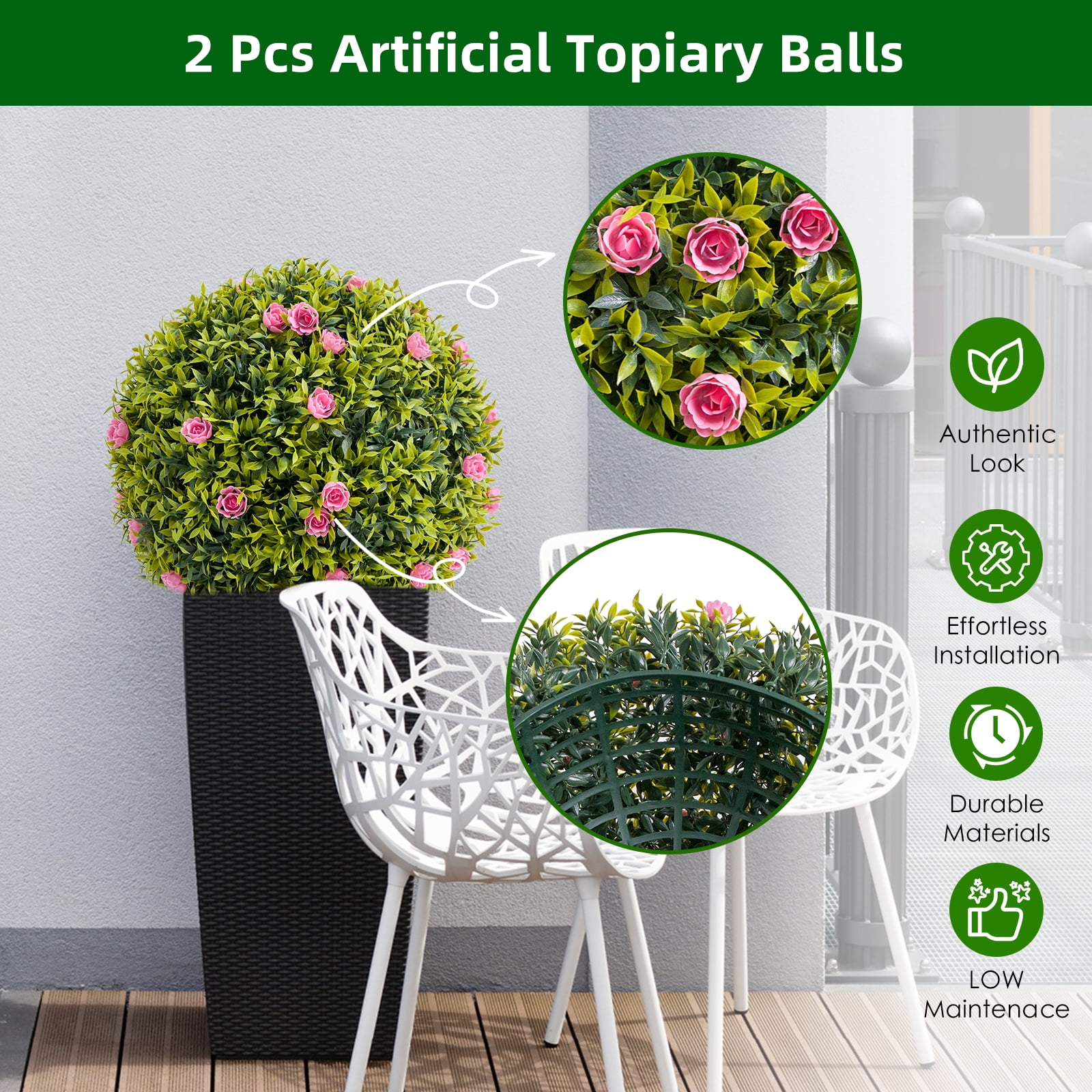 Tzou 2Pcs Artificial Boxwood Topiary Ball with Flowers, 20.5" Faux Hanging Greenery Ball for Outdoor Planters, Porch, Balcony, Home Decor