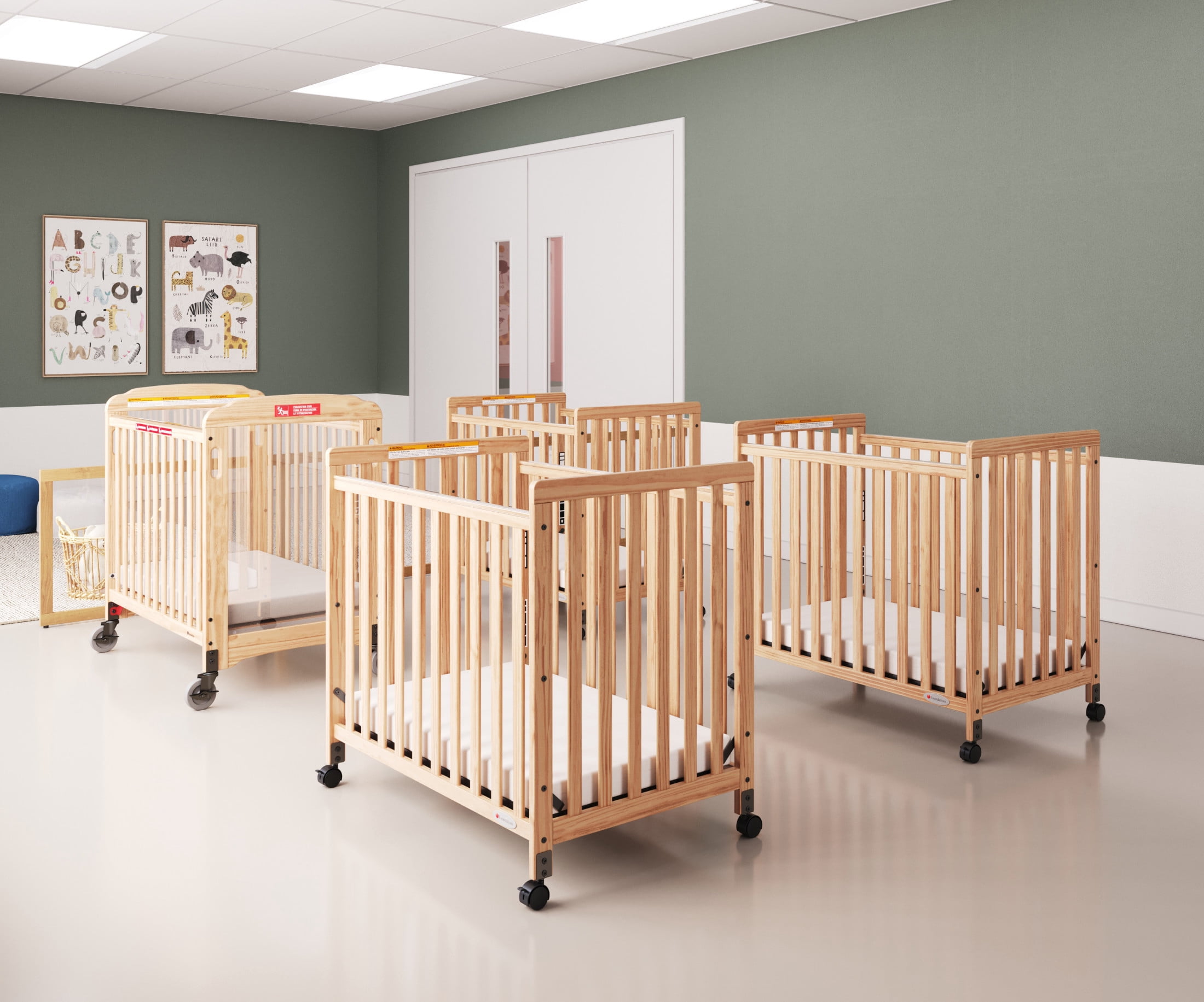 Foundations SafetyCraft Compact Slatted Crib, 3" Mattress Included, Locking Wheels, Natural