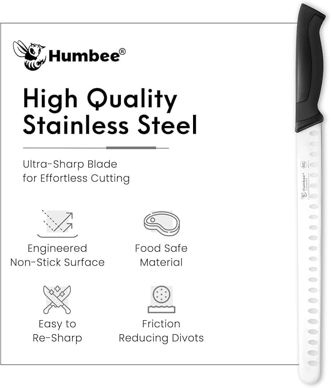 Humbee Chef Carving Knife 12-Inch with Granton Edge for Turkey Ham Meat Slicing and cutting NSF Certified DT-21 Series, Black