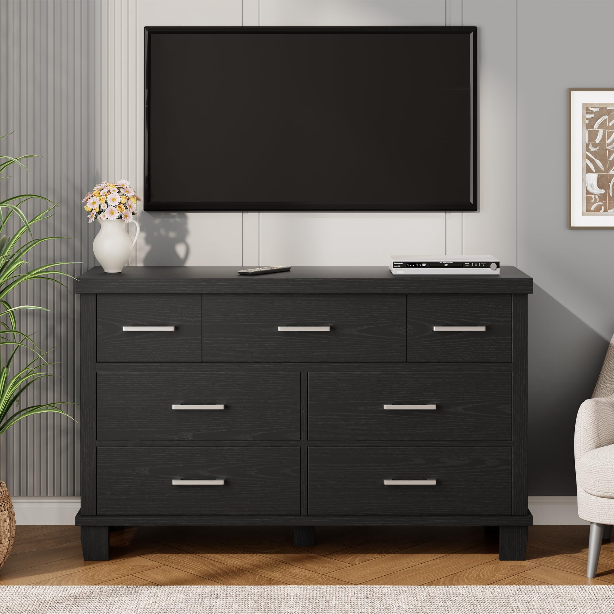 Kicctian 7 Drawer Dresser for Bedroom, 51" Wide Modern Wood Chest of Drawers, Wooden Closet Organizer with Metal Handles, Bedroom Living Room,Black